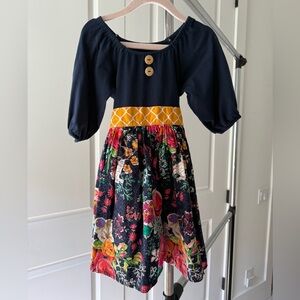 Floral Kids Dress with Navy and Yellow Accents